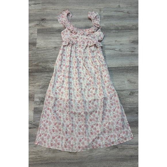 In February Floral Ruffle Dress Peony Pink Sleeveless Midi Tie Back Size M - Picture 2 of 7
